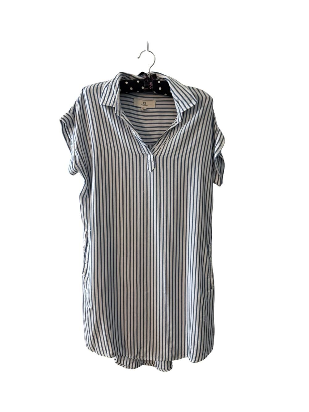 Thread & Supply Striped Tunic Top Small Blue White Rayon Pocket Tunic
